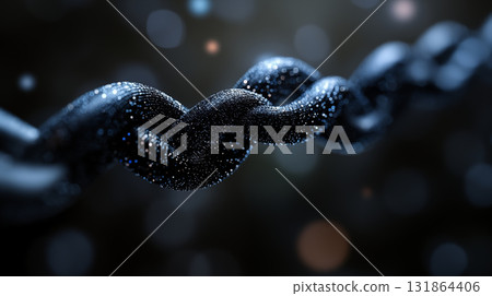 Blockchain chain link with glowing digital particles against dark background, cryptocurrency security concept for digital transactions 131864406