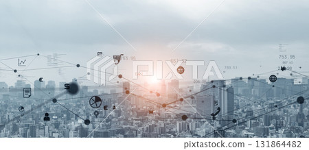 現代城市和通訊網路的概念圖。橫幅和廣告的水平視覺效果。 131864482