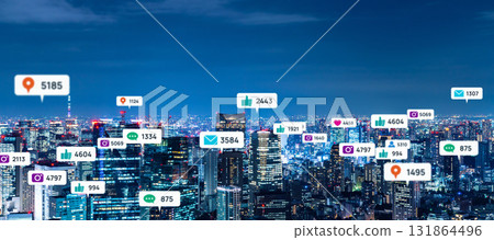 現代城市和社交網路概念圖像橫幅和廣告的水平視覺 131864496