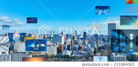 Concept image of modern city and digital technology. Horizontal visual for banners and advertisements. Concept image of modern city and digital technology. Horizontal visual for banners and advertisements. 131864501