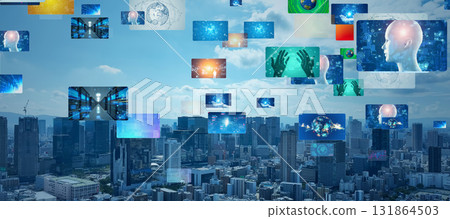 Concept image of modern city and digital technology. Horizontal visual for banners and advertisements. 131864503