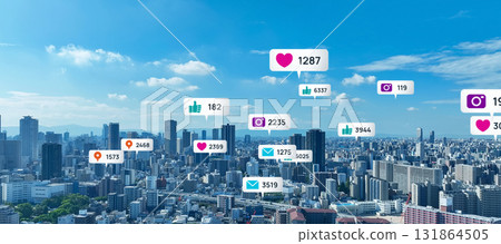 Modern city and social network concept image Horizontal visual for banners and advertisements Modern city and social network concept image Horizontal visual for banners and advertisements 131864505