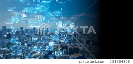 Concept image of modern city and digital technology. Horizontal visual for banners and advertisements. 131864508