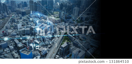 Concept image of modern city and communication network. Horizontal visual for banners and advertisements. 131864510