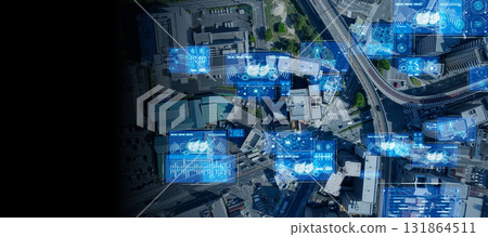 現代城市、道路和數位科技的概念圖。橫幅和廣告的水平視覺效果。 131864511