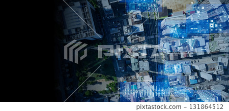 Concept image of modern city and digital technology. Horizontal visual for banners and advertisements. 131864512