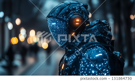 Futuristic armor glowing with constellation patterns, showcasing sci-fi design aesthetic Futuristic armor glowing with constellation patterns, showcasing sci-fi design aesthetic 131864730