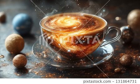 Galaxy coffee cup swirling with cosmic energy, creating mesmerizing celestial patterns in warm tones 131864731