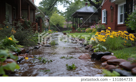 Garden stream flowing through residential landscape, natural water feature design 131864735