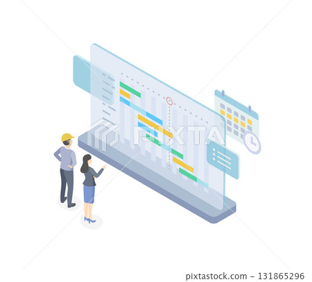 Isometric vector illustration of people checking progress management in front of a Gantt chart Isometric vector illustration of people checking progress management in front of a Gantt chart 131865296