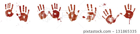 Realistic bloody handprints and splatter on transparent background for horror and Halloween design 131865335
