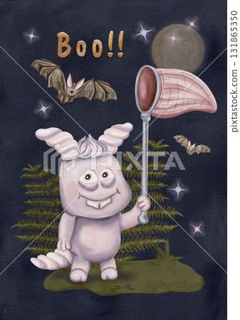 Halloween postcard  Mystical Myash with a net and a bat  Digital illustration 131865350