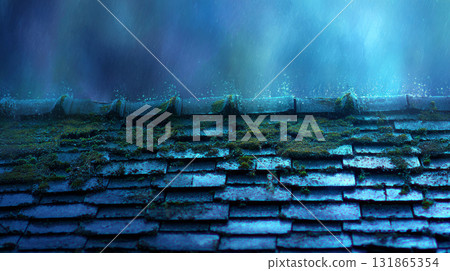Old Roof Tiles Covered with Green Moss in Rain 131865354