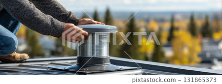Worker Installing Roof Ventilation System Outdoors 131865373