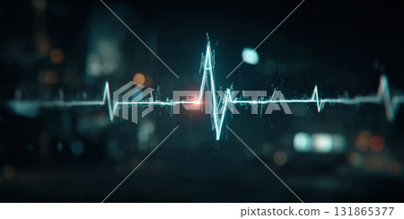Digital heartbeat pulse waveform in futuristic city 131865377