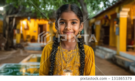 Tamil Girl in Pavadai Sattai with Lamp 131865379