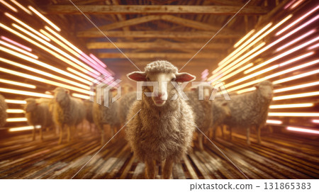 Sheep Standing in Barn with Flock 131865383