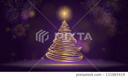 Glowing spiral Christmas tree with golden sparkle lights 131865419