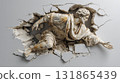 Ancient marble statue breaking through cracked wall 131865439