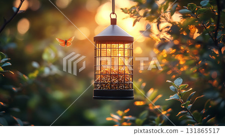 Bird feeder glowing at sunset, garden wildlife sanctuary with butterfly visitor Bird feeder glowing at sunset, garden wildlife sanctuary with butterfly visitor 131865517