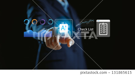 Businessman touching virtual AI interface with data analytics, checklist and technology icons, symbolizing artificial intelligence, digital transformation and business innovation. analytics, checklist 131865615