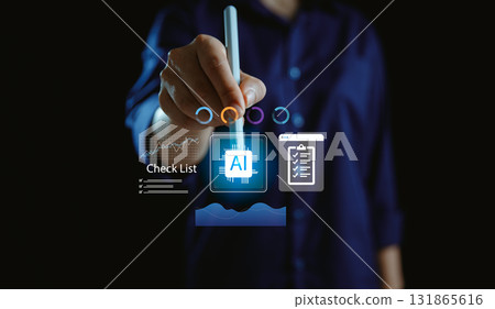 Businessman touching virtual AI interface with data analytics, checklist and technology icons, symbolizing artificial intelligence, digital transformation and business innovation. analytics, checklist Businessman touching virtual AI interface with data analytics, checklist and technology icons, symbolizing artificial intelligence, digital transformation and business innovation. analytics, checklist 131865616