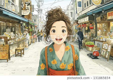 Miyu series: A daytime scene of Miyu walking through a shopping street wearing a floral yukata with a smile 131865654