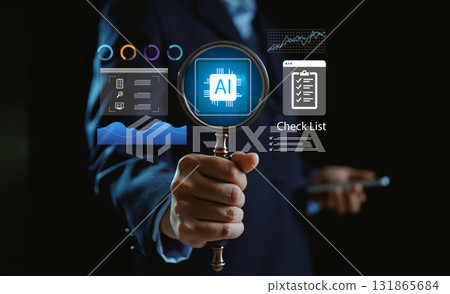 Businessman touching virtual AI interface with data analytics, checklist and technology icons, symbolizing artificial intelligence, digital transformation and business innovation. analytics, checklist 131865684