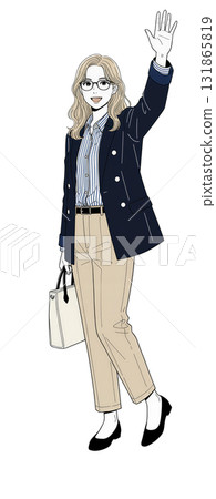 A woman in a blazer raises her hand to stop someone 131865819