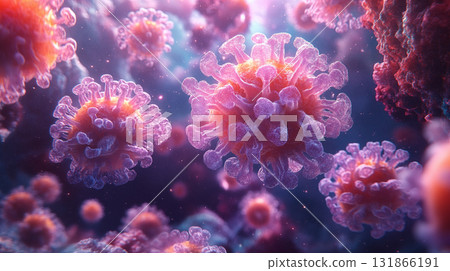 Microscopic virus particles glowing in dark space, medical research visualization Microscopic virus particles glowing in dark space, medical research visualization 131866191