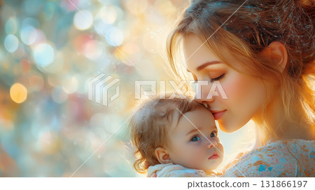 Mother kissing baby tenderly in warm sunlight creating intimate family moment 131866197
