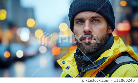 Safety worker wearing reflective jacket in urban setting, highlighting occupational safety 131866240