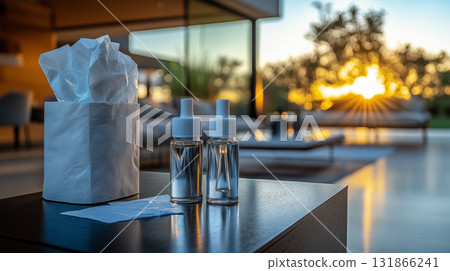Sanitizer bottles and tissue box on desk against sunset window highlighting workplace hygiene protocol Sanitizer bottles and tissue box on desk against sunset window highlighting workplace hygiene protocol 131866241
