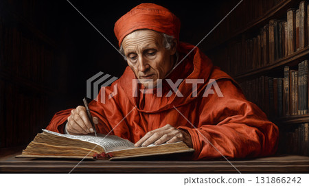 Scholar writing in ancient manuscript wearing red robe, historical study concept 131866242