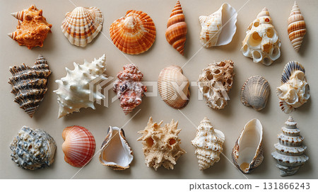 Seashell collection arranged on beige background showcasing diverse marine specimens 131866243