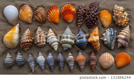 Seashells arranged on sandy surface showing natural variety and patterns, marine collection display Seashells arranged on sandy surface showing natural variety and patterns, marine collection display 131866244
