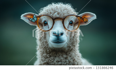 Sheep wearing glasses with butterflies creating whimsical portrait, artistic farm animal concept 131866246