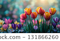 Spring tulips blooming in garden with purple crocus, seasonal nature beauty 131866260
