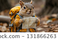 Squirrel reading map wearing yellow raincoat, whimsical outdoor adventure concept 131866263