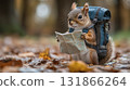 Squirrel reading map with backpack, whimsical wildlife adventure concept 131866264