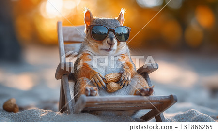 Squirrel relaxing in beach chair with sunglasses holding peanut, embodying summer leisure Squirrel relaxing in beach chair with sunglasses holding peanut, embodying summer leisure 131866265