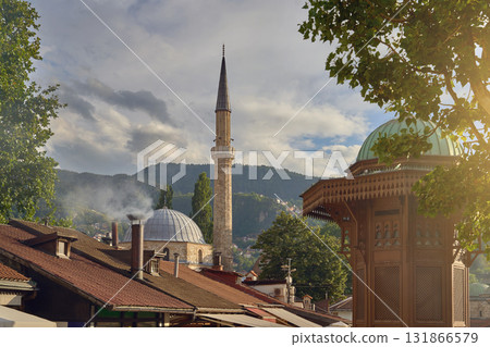 Sarajevo, Bosnia and Herzegovina. The entrance to the Bascarsija district, the old town of Sarajevo, including the Sebilj fountain Sarajevo, Bosnia and Herzegovina. The entrance to the Bascarsija district, the old town of Sarajevo, including the Sebilj fountain 131866579