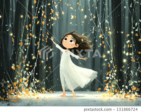一位年輕女子在星光璀璨的森林中翩翩起舞的場景 一位年輕女子在星光璀璨的森林中翩翩起舞的場景 131866724