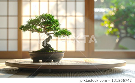 Beautiful pine bonsai displayed in a Japanese-style room Japanese culture 131866742