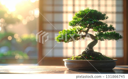 Beautiful pine bonsai displayed in a Japanese-style room Japanese culture 131866745