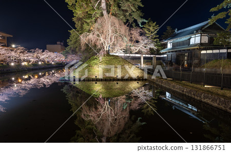 the reflection of river and pond around the Hirosaki park, the  sakura tree during Hirosaki Cherry Blossom Festival at night 131866751