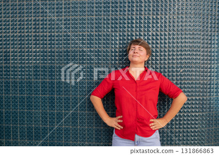 35 year old European woman in a red shirt enjoying the day in Portugal 131866863