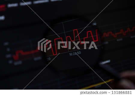 Magnifying glass analyzing a volatile red line graph on screen, signifying critical data examination for market research and business intelligence insights Magnifying glass analyzing a volatile red line graph on screen, signifying critical data examination for market research and business intelligence insights 131866881