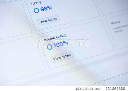 Digital dashboard displaying crucial website performance metrics including HTTPS 98% and Internal Linking 100%, essential for effective digital marketing and successful SEO strategy 131866888