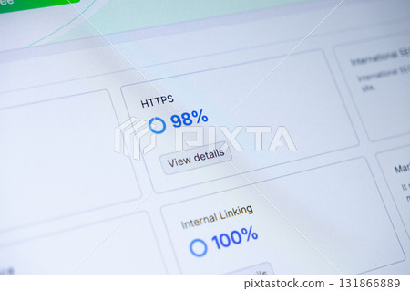 Dashboard display showing high HTTPS 98% security and 100% Internal Linking scores, critical for robust SEO optimization, website performance, and digital business analytics 131866889